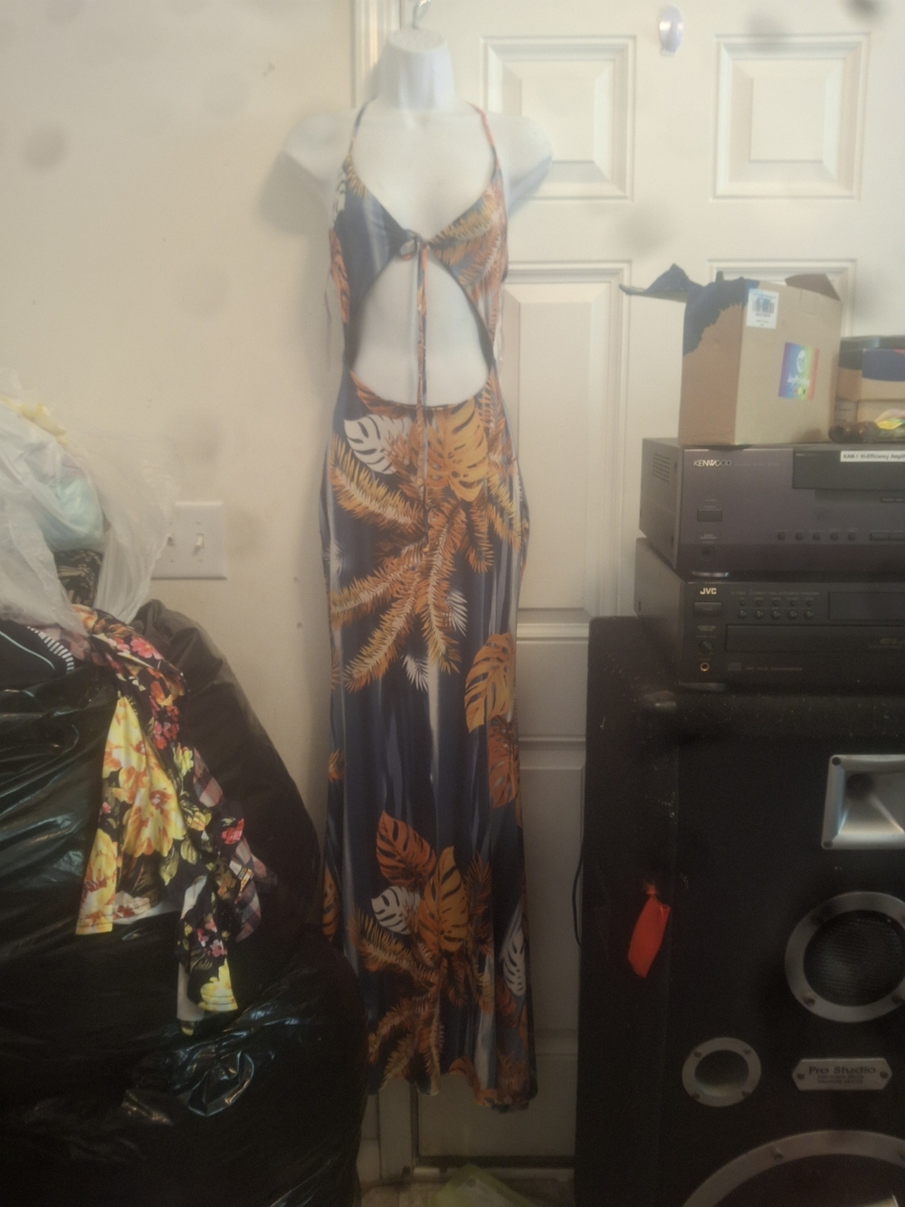 Tropical Navy Maxi Dress with Orange Leaf Print